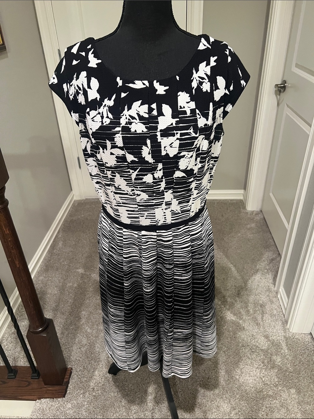 Elle Black & White Floral-Stripe Midi Dress